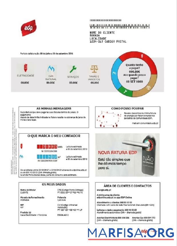 Blank Portugal EDP utility bill template in Word and PDF format, good for address prove